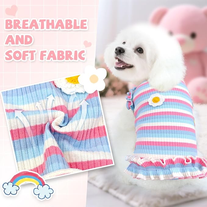 2 Pack Cute Striped Small Dog Shirts, Soft Cotton Girl Dog Clothes Breathable Ruffled Puppy Vest Spring Summer Pet Outfits for Chihuahua Yorkie Maltese and Cats（Purple+Green,Large）
