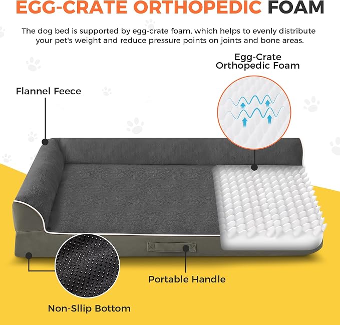 XL Orthopedic Dog Bed for Large Sized Dogs, 42"x30", Olive Green | Waterproof, Washable Cover, L-Shaped Pet Couch, Egg-Crate Foam for Pressure Relief, Portable Handle