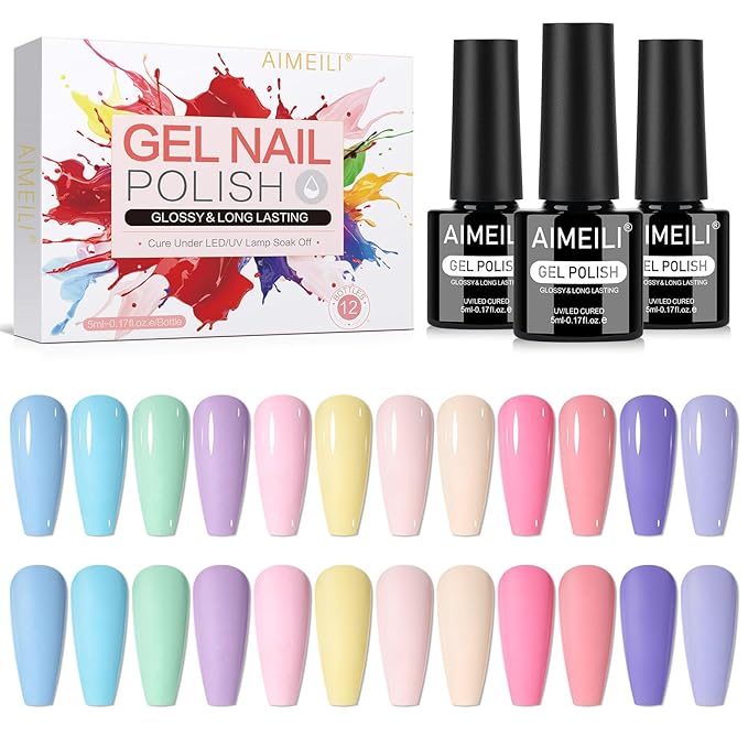 AIMEILI Pastel Gel Nail Polish Set 12pcs, Hema Free, Cruelty Free, Vegan, Soak Off U V LED Nail Art Manicure Salon DIY for Women - Kit 36
