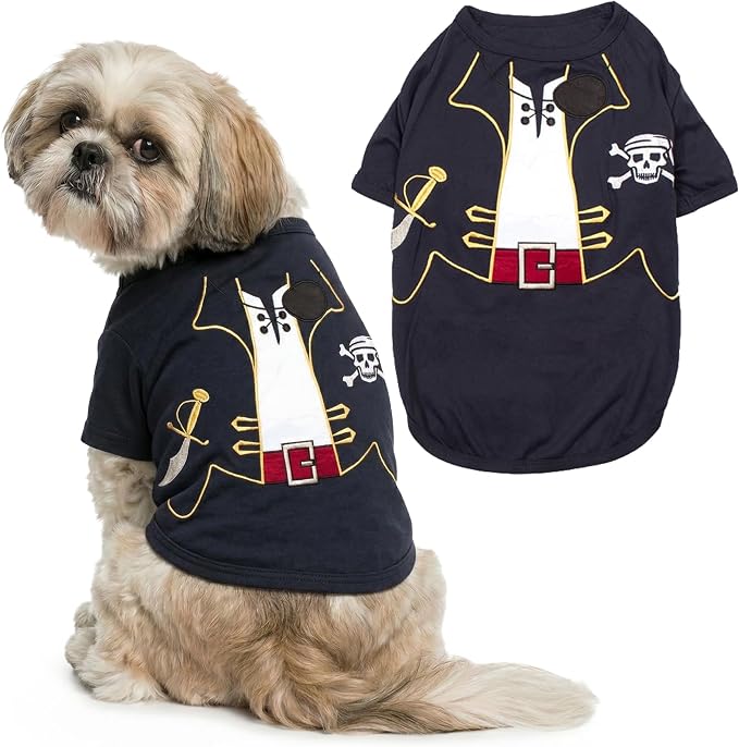 Parisian Pet Captain Sparrow Dog Costume - 100% Cotton Black Dog Clothes for Medium Dogs Boys - Lightweight Puppy Outfits - Funny Schitzu Clothes - Cute Pirate Pet Shirt - Stretchy T Shirt for Dogs