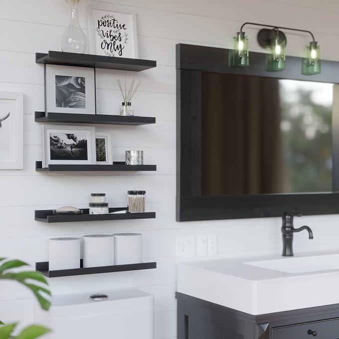 RICHER HOUSE 5-Set Floating Shelves with Lip, Black Wall Mounted Wood Shelf | Display Picture Ledge Shelf, Anti-drop lip Shelf for Room Wall Decor, Bedroom Bathroom Storage Nursery Books, Easy Setup 16in