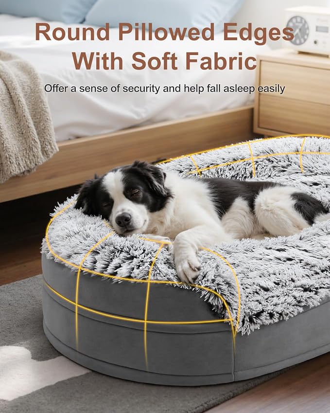 iweepet Fluffy Calming Jumbo Orthopedic Dog Beds for Extra Large Dogs, Supportive Dog Sofa Bed with 3.7 inch 28D Egg-Crate Foam, Removable Washable Plush Cover, Waterproof Lining, 48’’,Grey
