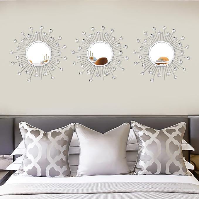 3 Pack Metal Mirrors for Wall Sunburst Wall Mirrors Home Décor Decorative Hanging Wall Art for Living Room Bedroom Entryway (Silver Crystal, Sunburst)