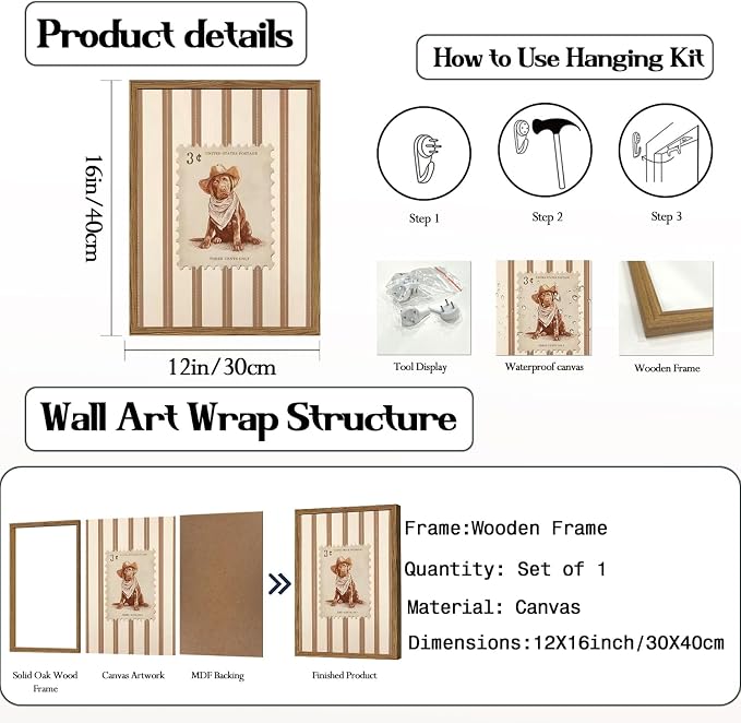 Western Cowboy Dog Wall Art, Vintage Striped Animal Southwestern Wall Decor Pictures Retro Southwest Cowboy Poster Painting Canvas Print for Living Room Bedroom 12x16 Inch Wood Framed