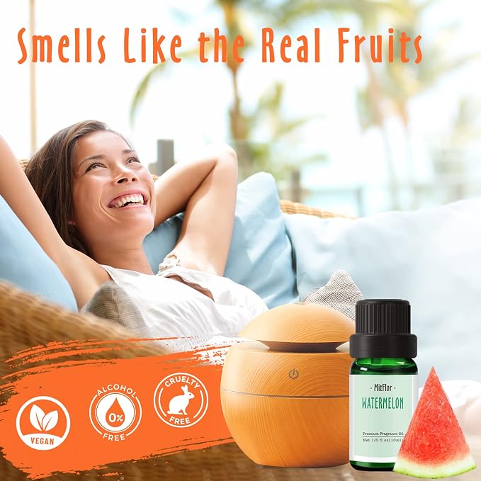 Fragrance Oil, MitFlor Fruit Essential Oils for Diffusers for Home, 6x10ml, Soap & Candle Making Scents, Summer Diffuser Oils, Peach, Cherry, Watermelon, Blueberry, Grape, Melon