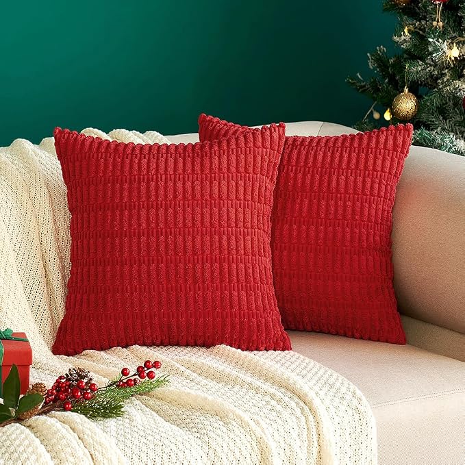 MIULEE Corduroy Decorative Throw Pillow Covers 12x12 Red Pack of 2 | Soft Boho Striped Pillow Covers Modern Farmhouse Home Decor For Sofa Living Room Couch Bed