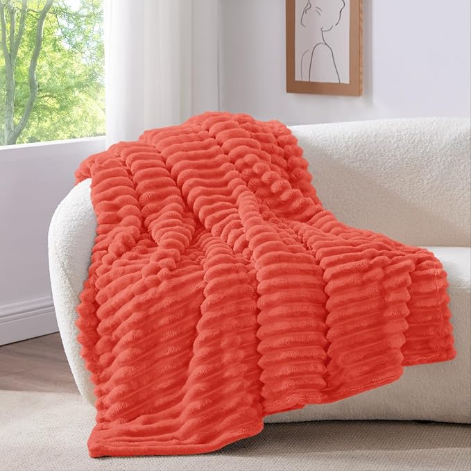 BEDELITE Ribbed Twin Blanket for Couch & Bed, Coral Red, 60"x80" | Ultra-Soft Plush Fleece, Cozy, Warm Yet Lightweight, Ribbed Texture, Home Decor, Machine Washable, Giftable, All-Season Use