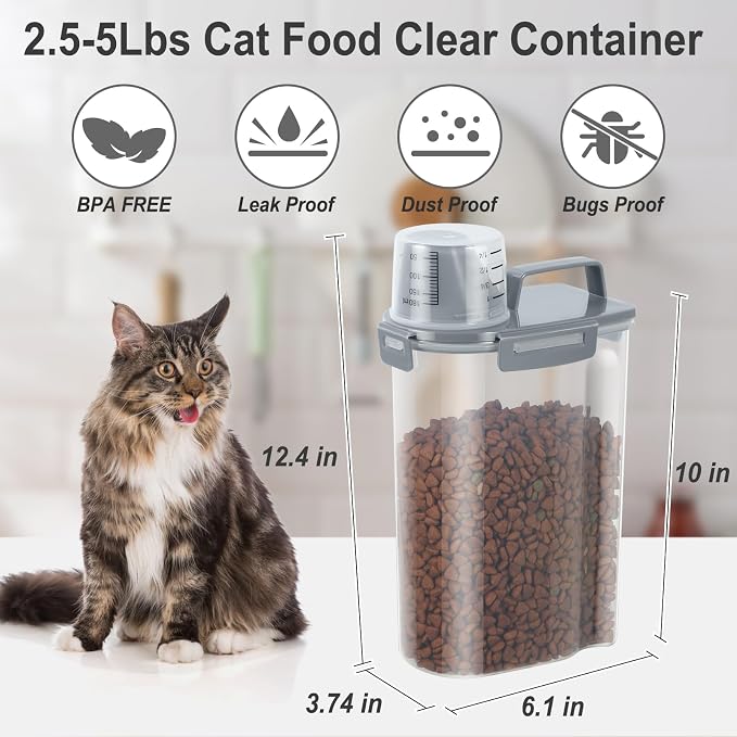 Dog Cat Food Storage Container with Cup (Dark Gray, 2.5L)