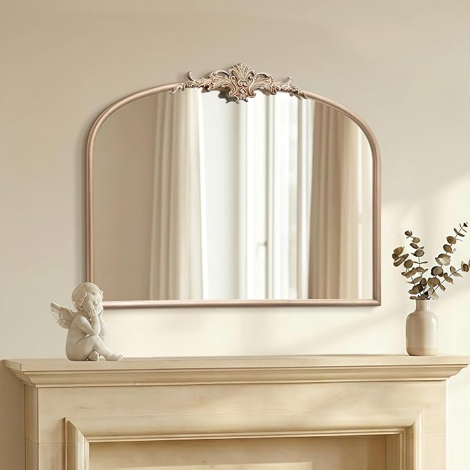 Besdomus Antique Gold Wall Mirror: 32"x24" French Arched Decorative Mirrors | Vintage Baroque Ornate Arch Metal Framed for Mantel/Hallway/Bathroom Vanity/Dresser/ - Ideal Gifts for Holiday/Birthday