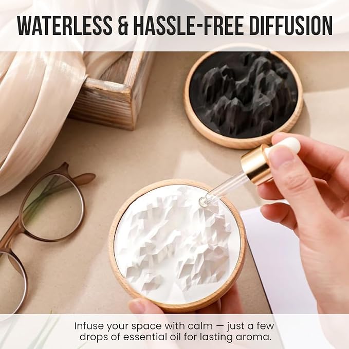 Aroma Diffuser Diatomite Mountain Stone with Wooden Stand Essential Oil Diffuser with Aromatherapy Fig Fragrance Oil Diffusers for Home, Room Decor | 10 ML (Diatomite Mountain Aroma Stone (Black))