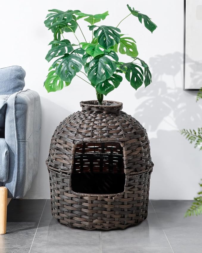 SETVSON Cat Litter Box Plant Furniture Enclosure, PE Rattan House, Brown | Decorative Planter Design, Removable Top for Easy Cleaning, Built-in Litter Box, Compact 20x20x38.97 Inches, PE Rattan House
