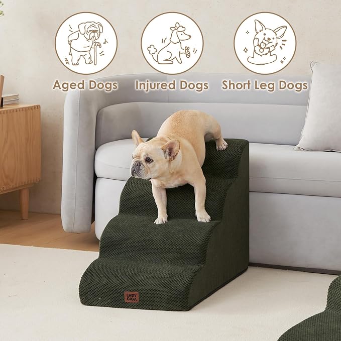 EHEYCIGA Curved Dog Stairs Ramp, 4-Step High Beds, 19.7" H Pet Step | 33D density of pure foam, for Small Dogs and Cats, Pet Stairs for High Bed Climbing, Non-Slip Balanced Indoor, Military Green