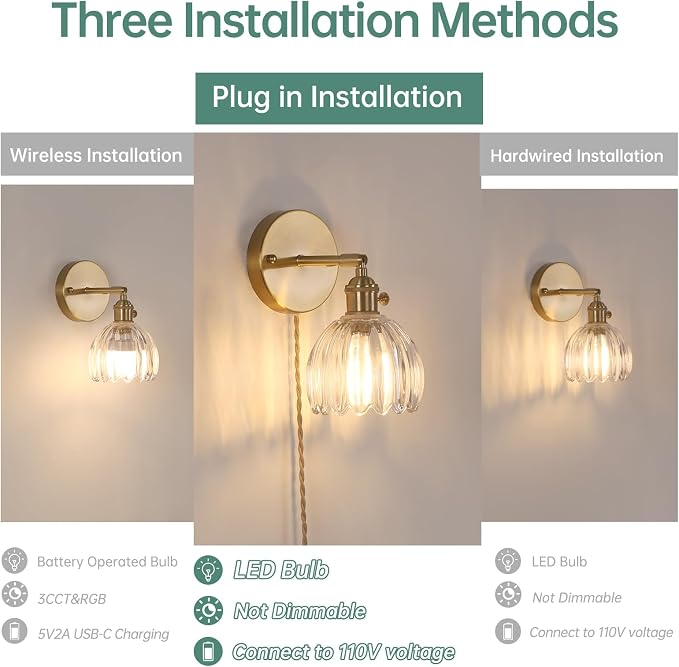 Shenmoyl Plug in Wall Sconce, Transparent Tulip Glass Lampshade Wall Light Plugin Corded for Bedside Bedroom Doorway