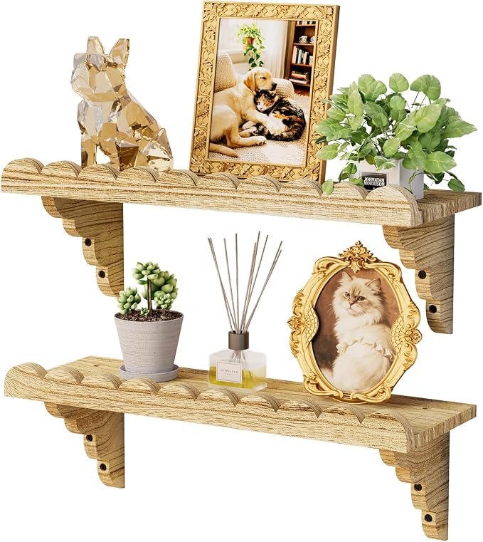 Scalloped Wood Wall Shelf – 17 Inch Floating Shelf with Wood Brackets, Easy to Install Rustic Wall Shelf for Living Room, Bedroom, Bathroom, or Any Space - Light Brown