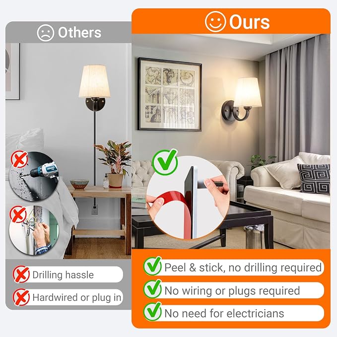 YHCDLAMP Peel and Stick Wall Sconces, No Drilling Stick On Wall Sconce, Wireless Battery Operated Wall Lights, Adhesive Wall Lamp with 10000mAh Battery Bulb for Bedroom Living Room Decor