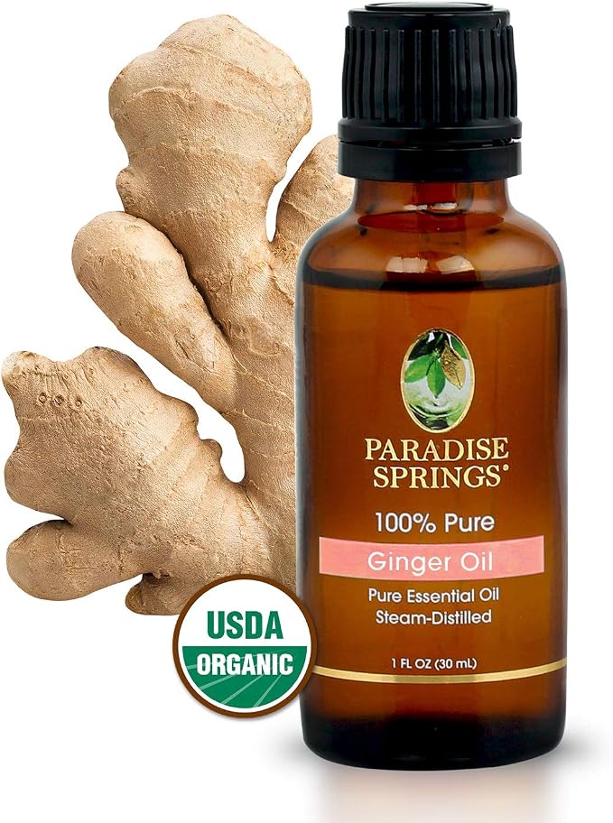 Paradise Springs Organic Ginger Essential Oil, 100% Pure and Natural Organic Ginger Essential Oil for Diffusers for Home Aromatherapy, Massage, Humidifiers, 1 fl oz (30ml)