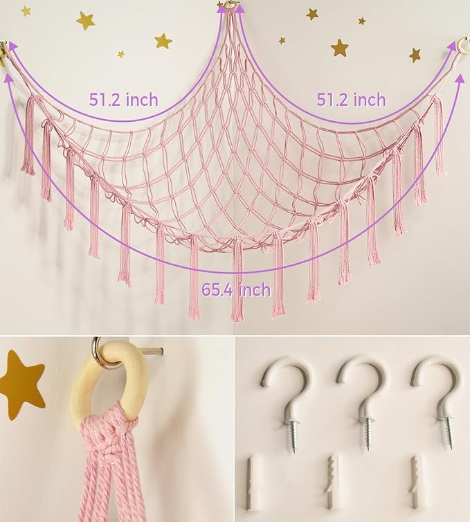 mirolam Stuffed Animal Storage Hammock Net - Toy Hammock Net for Stuffed Animals Corner - Hanging Stuff Animal Organizer Holder Large Pink Baby Nursery Room Decor