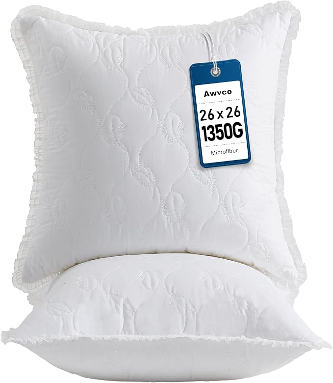 26 x 26 Throw Pillow Inserts with Lace Edge | Soft and Fluffy, Breathable Quilted Cotton Fabric - Decorative Pillows for Couch Sofa Bed, White, Pack of 2