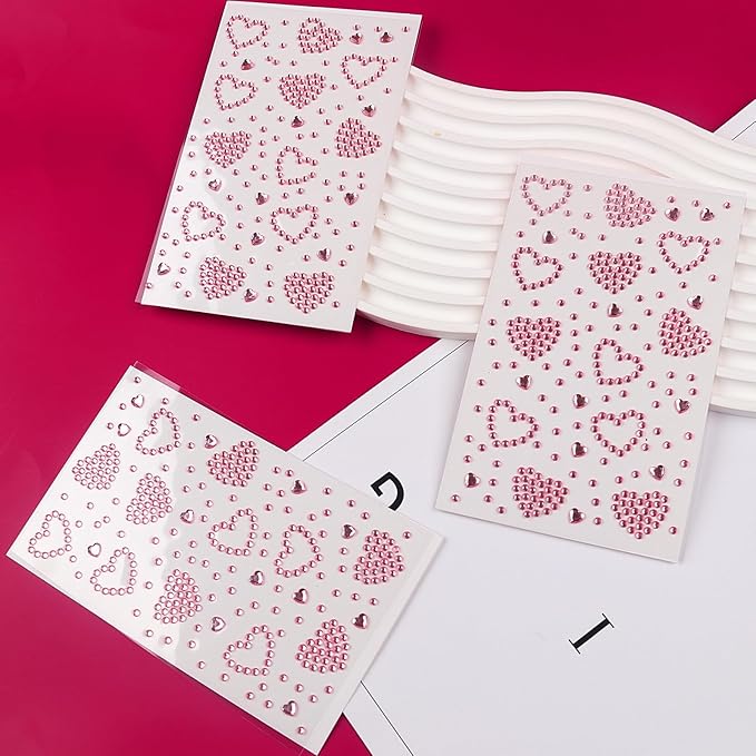 3 Sheers Pink Heart Rhinestone Sticker Acrylic Heart Gems Stickers Self Adhesive Face Jewels Stick On Face Eye Nail Body Crystal Pearls Jewels Face Sticker Decorative Stickers for Valentine's Day