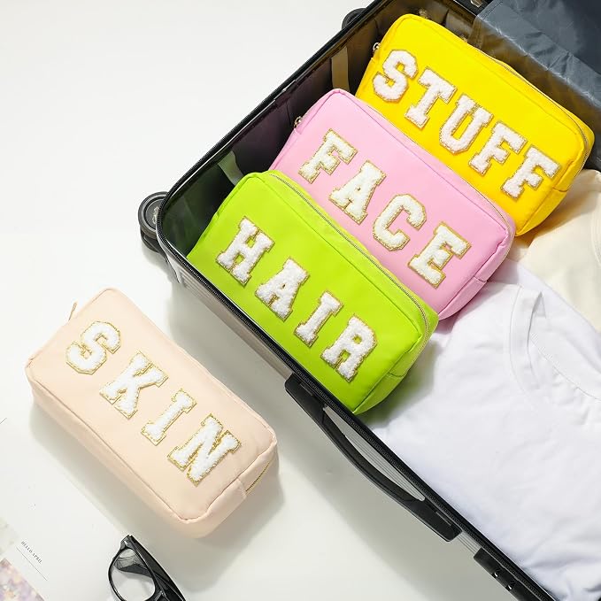 Preppy Makeup Bags Chenille Letter Stuff Bag Nylon Cosmetic Pouch Cases with Zipper for Women Travel Toiletry(Vibrant Color,Classic,4 Pcs)