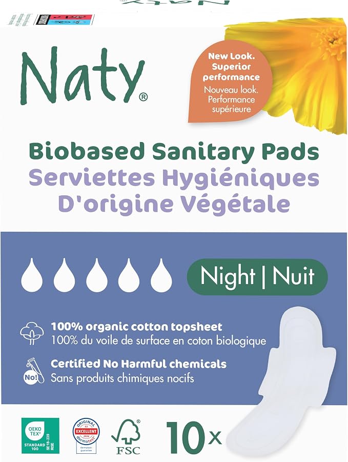 Naty Sanitary Pads for Women with Wings, Overnight Absorbency, 10 Count | 100% Organic Cotton top Sheet, Certified Skin-Safe for Periods, Unscented, Comfortable & Breathable