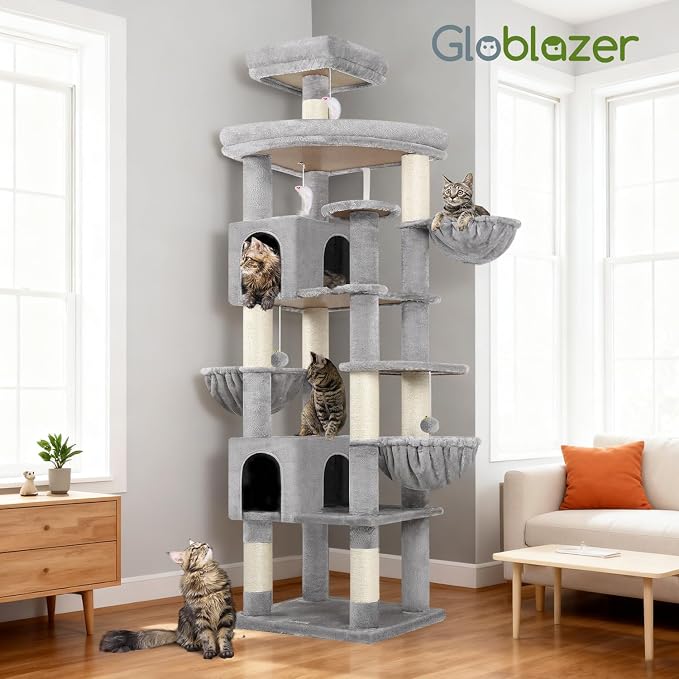 Globlazer Extra Large Cat Tree Tower, 82in Tall Heavy Duty Cat Tree for Indoor Cats Large Adult Big Cat Tower with 8 Scratching Posts, 2 Cat Condos, 2 Top Perches, 3 Hanging Baskets, S82, Light Grey