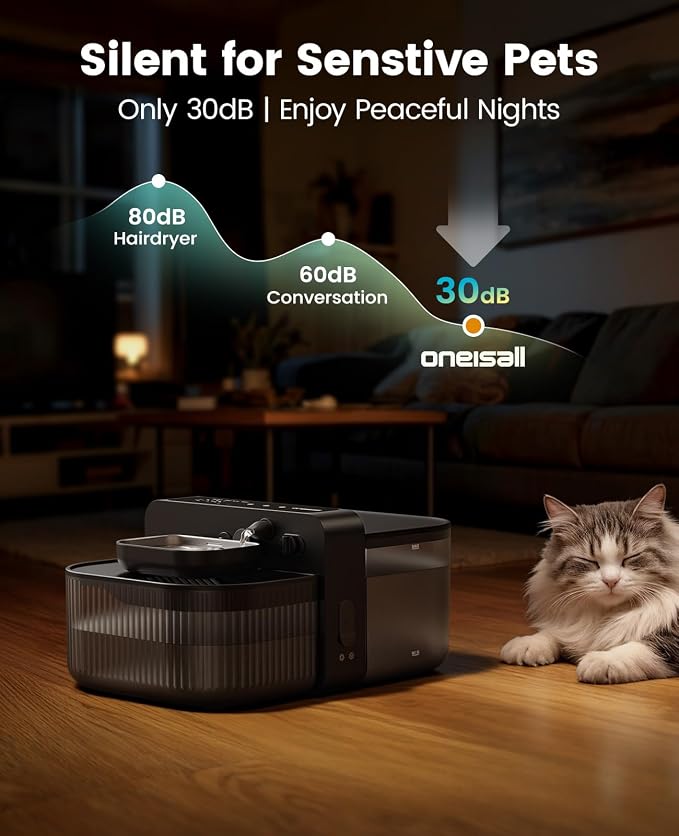 oneisall 3.5L Wireless Filterless Cat Water Fountain for Cat Pet,PW17 | Wastewater Separation,No Filter Needed,Cordless,Separate Clean&Dirty Water,304 Stainless Bowl,30dB Quiet,Smart LED Display