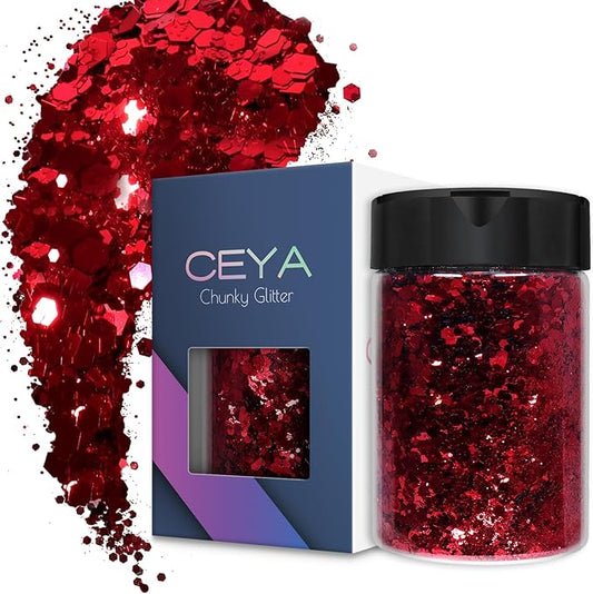 Ceya Chunky Glitter, 4.9oz/ 140g Wine Red Craft Glitter Powder Mixed Fine Flakes Iridescent Nail Sequins for Nail Art, Hair, Epoxy Resin, Tumblers, Slime, Painting, Festival Decor