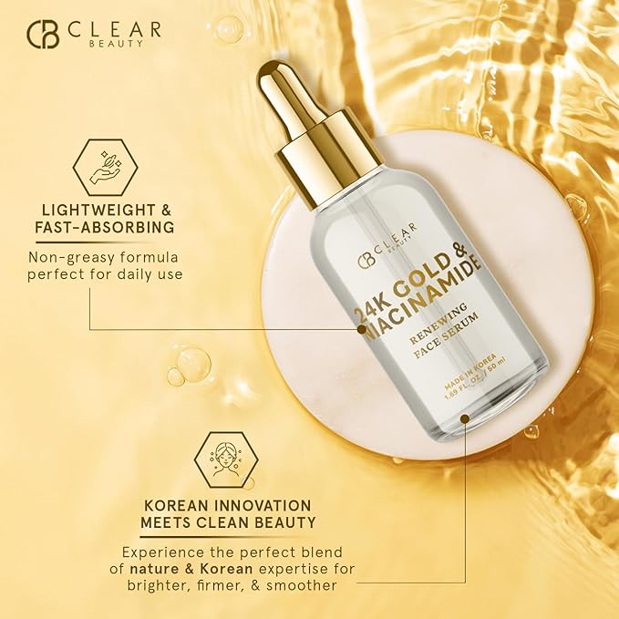 Clear Beauty 24K Gold & Niacinamide Serum For Face - Anti Aging, Firming, Hydration, Tone & Radiance Care - Dermatologist Tested, Korean Skin Care, Vegan Clean Beauty - 1.69 Fl Oz