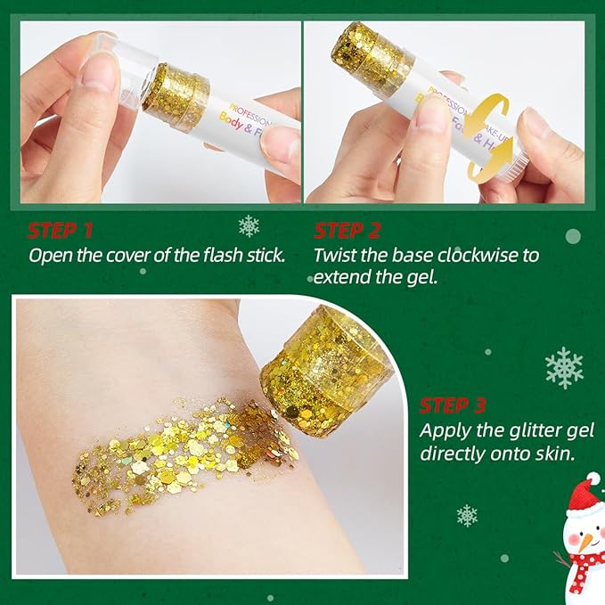 Christmas Body Glitter Stick Glod Face Glitter Green Hair Glitter Christmas Face Paint Rave Makeup Glitter Festive Face Gems Halloween Fine Chunky Glitter Stick for Women Girls 2Pack