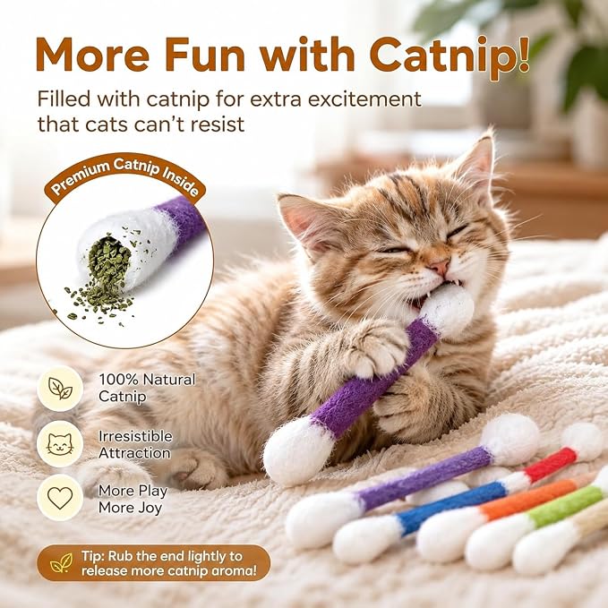 6Pcs Giant Cotton Swab Cat Toys with Organic Catnip| Durable Chew & Teething Sticks | Interactive Kitty Toys for Boredom Relief & Daily Exercise，Interactive Kitty Kick Sticks for Cat Lovers Gift