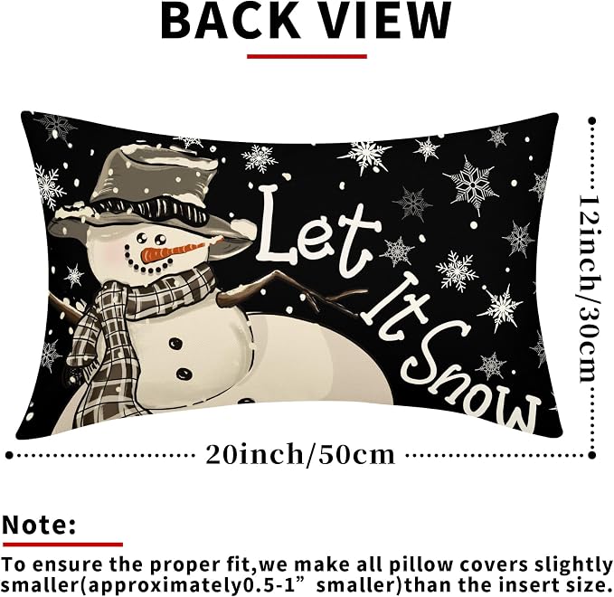 Christmas Black Lumbar Pillow Covers 12X20 Inch Set of 2 Xmas Snowman Snowflake Decorative Pillow Cases Winter Holiday Cotton Linen Cushion Case Modern Home Decor for Sofa Couch Bedroom