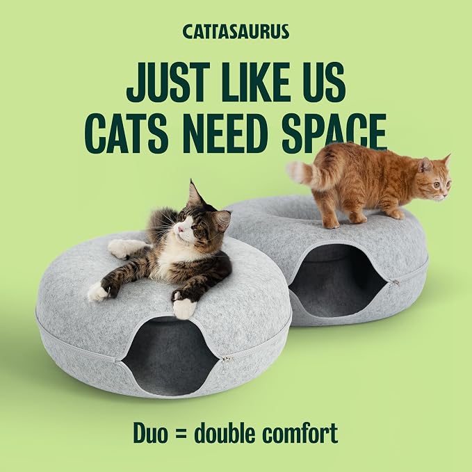 Peekaboo Cat Cave Duo Jumbo Set, Extra Spacious Cat Donut for Multiple & Large Kitty 15+ lbs, Scratch Detachable Cat Beds for Indoor Cats, Washable Cat Tunnel Bed, Best Kitten Toys