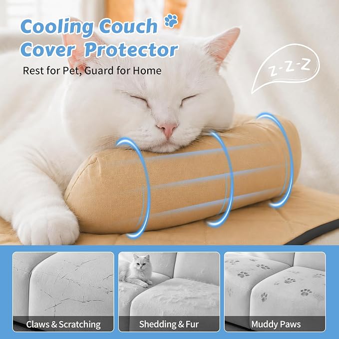 Cooling Dog Bed Mats with Neck & Head Support, 31.5 x 23.62 inch Khaki | for Small and Medium Dogs & Cats, Non-Slip, Machine Washable, Protects Sofa from Fur & Scratches