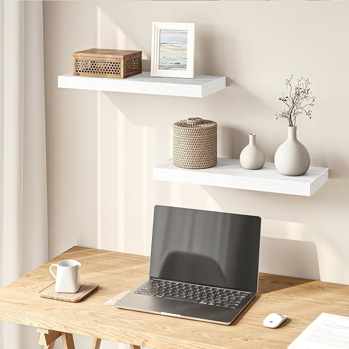 Fixwal Floating Shelves for Wall Decor (White, Set of 2, 15.7 Inch) | MDF Shelves with Metal Brackets, Space Saving for Books, Decor, Works in Bathroom, Kitchen, Living Room, Bedroom