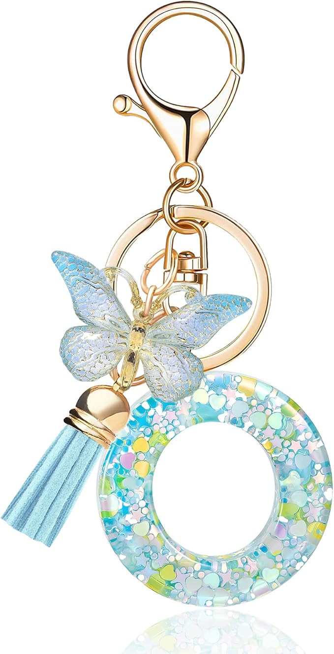 Fashion Alphabet Initial Letter Keychain Tassel Butterfly Pendant Key Ring for Purse Handbags Women Girl
