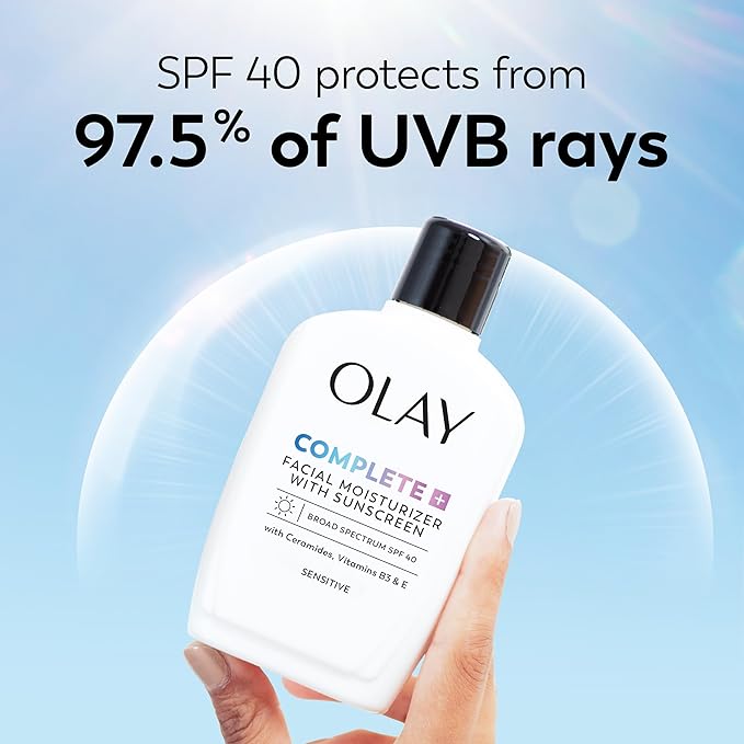 Olay Complete+ Face Moisturizer with Sunscreen SPF 40, For Sensitive Skin, Broad Spectrum Sun Protection, Fragrence-Free - No White Cast on All Tones, Nourishes Moisture Barrier - Ceramides, 6 Oz
