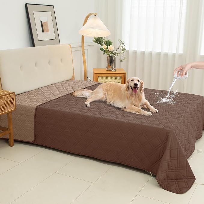 100% Waterproof Washable Dog Blanket，Dark Brown+Taupe， 82"x92" | ,7-Layer Reversible Couch Covers for Dogs Met for Sofa Furniture Car Camping