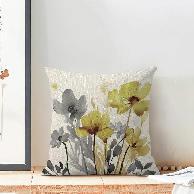 Spring Floral Pillow Covers 18x18 Inches Set of 2 Gray Yellow Floral Throw Pillow Covers Outdoor Rustic Summer Flower Decor Pillowcase Farmhouse Decorative Square Cushion Cover for Sofa Couch