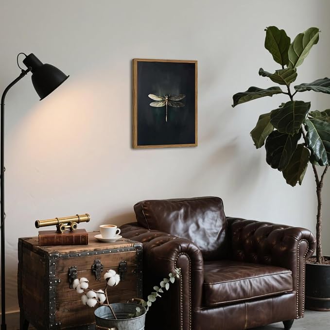Dark Academia Dragonfly Wall Art Vintage Bug Wall Decor Pictures Whimsical Nature Insect Poster Canvas Print Moody Dragonfly Painting Artwork for Bedroom Living Room 16x24 inch Wood Framed