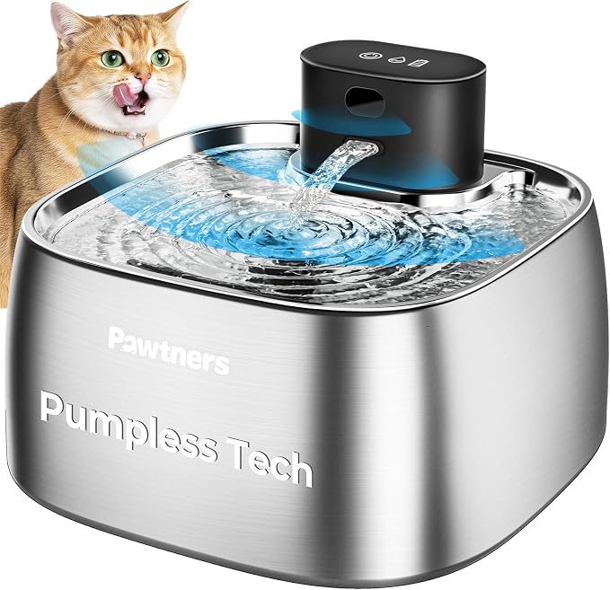 Pawtners Pumpless Cat Water Fountain Stainless Steel 108oz/3.2L, 3 Modes | Automatic Cordless Pet Water Dispenser,Easy Clean,Silent Smart Host,150°Sensor,Motion/Timed/Continuous Mode