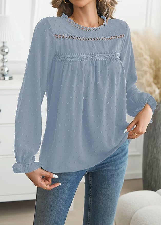 Womens Boho Tops Long Sleeve Shirts For Women Cute Crewneck Blouse Dressy Casual Swiss Dot Crochet Hollow Top 2026
