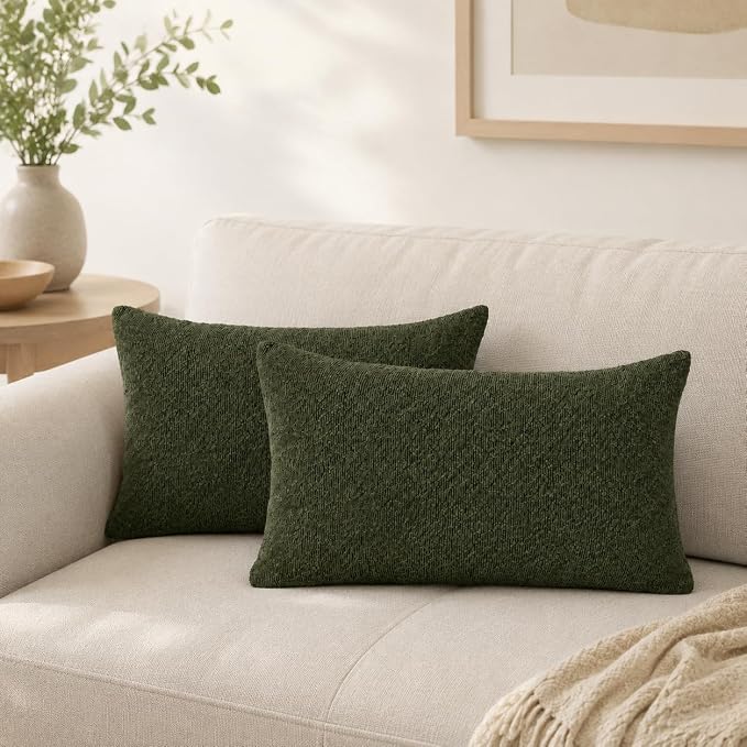 JoraLion 12x20 inch Boucle Throw Pillow Covers, Army Green Woven Texture Neutral Pillow Cover Breathable Cushion Case for Couch Sofa Bed Living Room Home Decor, Pack of 2, No Insert