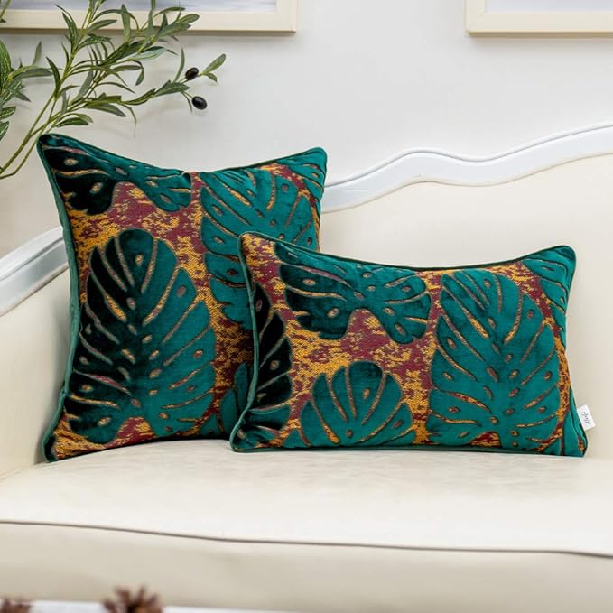 Alerfa 18 x 18 Inch Square Leaf Pillow Embroidery Cut Velvet Cushion Case Luxury Modern Lumbar Throw Pillow Cover Decorative Pillow for Couch Sofa Living Room Bedroom Car, Teal Green