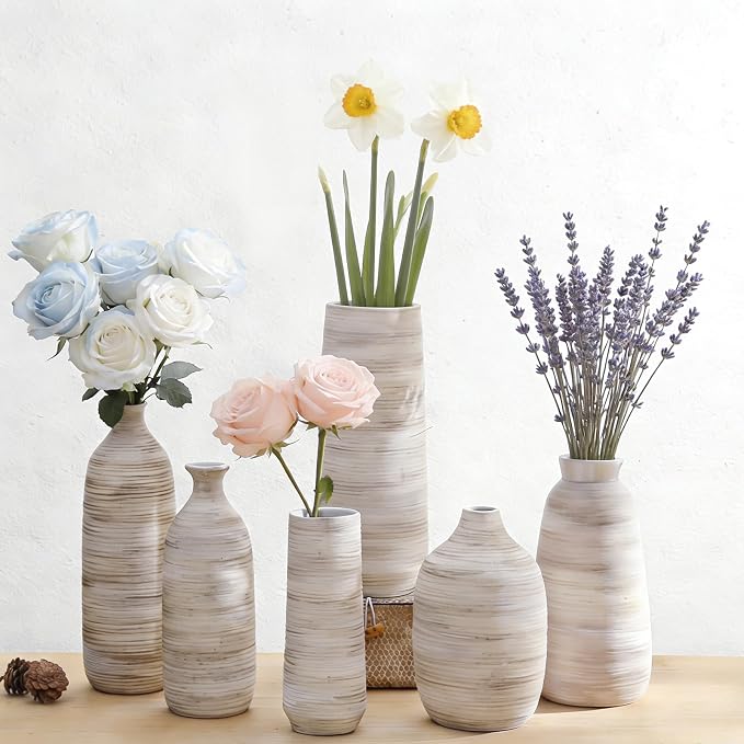 ALMA 10" Small White Ceramic Vase, Boho Flower Vases for Pampas Grass | Decorative Centerpieces with a Narrow Neck, Featuring Modern Coastal Style for Tabletops, Housewarming, Birthday Gift