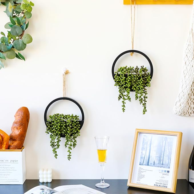 2pcs Artificial Succulents Hanging Plants 12.2'' Fake String of Pearls in Pot with 8.3'' Lanyard for Indoor Outdoor Wall Decor (Black).