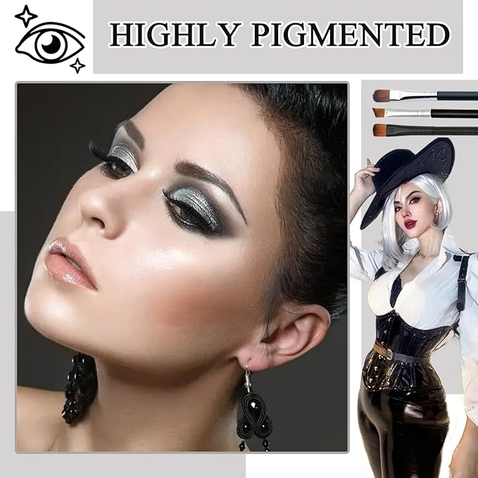 Black Grey Smoky Eyeshadow Palette,15 Colors Matte Shimmer Pigmented Eye Shadow Makeup Palette Set with 3 Eyeshadow Brushes,Glitter Eye Shadow Palette for Daily Halloween Goth Makeup(L)