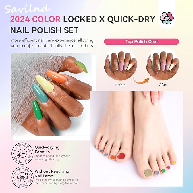 SAVILAND 36 Colors Nail Polish Set Quick Dry: Brown Black Glitter Locked X Tech Regular Nail Polish Kit Fingernail Polish with Top Base Polish Coat 39 Pcs Home Salon Travel Set