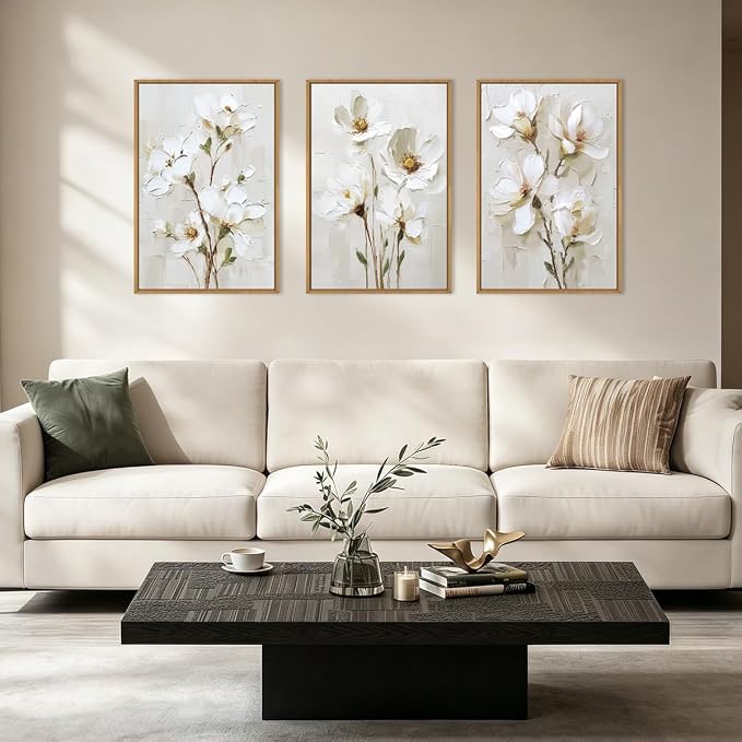 FWIEXA 3D Beige White Floral Canvas Wall Art Set 3,Texture Neutral Flower Framed Prints,Modern Abstract Aesthetic Botanical Paintings,24x36In Watercolor Minimalist Magnolia Artwork for Living Room,Bedroom,Office