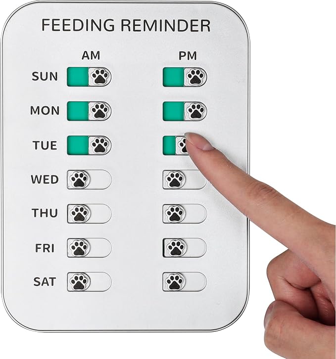 YAUYIK Dog Feeding Reminder, Magnetic OR Double Sided Adhesive Application, AM/PM Daily Chart Signs, Helps You Track Pets Feeding & Medication, Easy to Use on Fridge, Wall, Food Storage Bin (Silver)